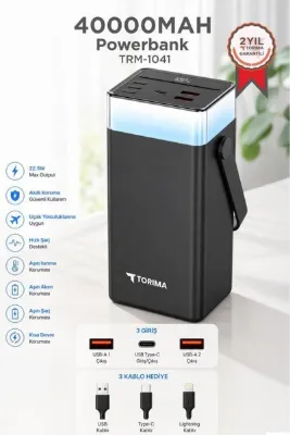 Torima Taşınabilir Batarya 40000 Mah Type-C Lightning Hızlı Şarj Rgb Işıklı 22,5W Powerbank TRM-1041 Siyah