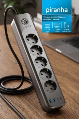 Piranha 45720 Akım Korumalı 5'li Priz | 2 x USB & 2 x Type-C Çıkış | Çocuk Koruması | 2m Uzatma Kablosu