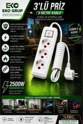 IRONSTAR Anahtarlı 3'lü priz / Anahtarlı 3'lü uzatma kablosu / 5 metre anahtarlı grup priz / Anahtarlı çoklu priz / Ev tipi anahtarlı priz / 3 girişli anahtarlı priz / Anahtarlı topraklı grup priz 5 metre