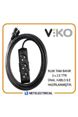 VİKO Multi-let Siyah 3'lü 15 Metre Topraklı Çocuk Korumalı (3x2.5 TTR TAM BAKIR KALIN KABLOLU) Grup Priz