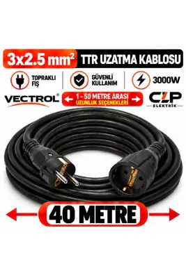 VECTROL 3x2.5mm TTR Topraklı Siyah Kauçuk Seyyar Uzatma Kablosu(1-50METRE)