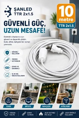 ŞANLED Uzatma Kablosu 2x1,5 mm Ttr Topraklı Seyyar Kablo 10 Metre