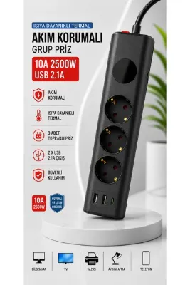 asua 3'lü Akım Korumalı Topraklı Çoklu Priz 2500W | 2 USB + 1 Type-C | Isıya Dayanıklı Termal Korumalı | Anahtarlı Grup Priz Uzatma Kablosu