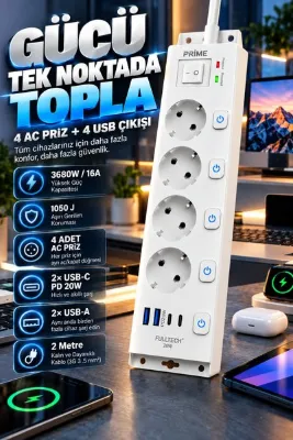 Merwish 4'lü Akım Korumalı Priz 1050 Joule, 3680W 16A, 2 USB-A + 2 Type-C PD 20W Hızlı Şarj, Bağımsız Anahtarlı, 2 Metre Kablolu Beyaz Çoklu Priz