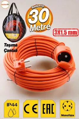 Badem10 Uzatma Kablosu 3x1.5 Mm 30 Metre Topraklı Cca Kablolu Tekli Grup Fiş Priz Kapaklı Monofaze Ev Tipi
