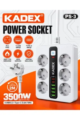 kadex 6’lı Akım Korumalı Priz 3500W – 4 USB + 2 Type-C Girişli 2 Metre Kablolu Çoklu Priz