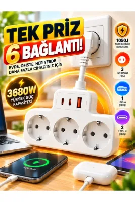 MATECHNO Çoklu Kablolu Priz Yüksek Gerilim Korumalı 3'LÜ Priz 1X USB 2X Type-C Çıkışlı Grup Priz Çoğaltıcı