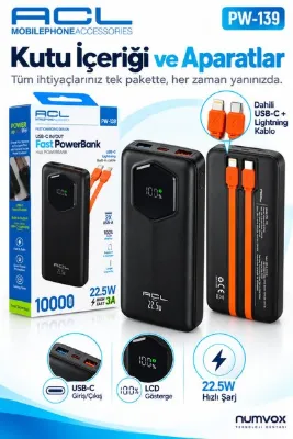 numvox PW-139 10000 mAh 2XUsb 1XPd Hızlı Şarj 22.5W Type-C Lightning Powerbank