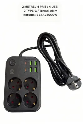ZEYar Teknoloji Hi-Link 4 Prizli 4 USB ve 2 Type-C Çıkışlı Termal Akım Korumalı Uzatma Kablosu 2 Metre Siyah 4000W 16A