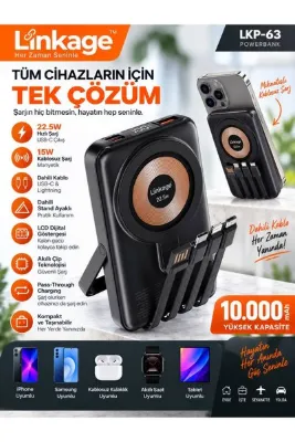 VEROXA LKP-63 10.000mAh 22.5W Hızlı Şarj Kablosuz Powerbank – 15W Wireless, Dahili Kablo, Standlı