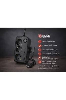 ROSE TEKNOLOJİ 3 PRİZ 2 USB 2 TYPE-C GİRİŞLİ AKIM KORUMALI VE GÜVENLİK KAPAKLI ÇOCUK KORUMALI 2M UZATMA KABLOLU PRİZ