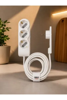 ORVİ prime Yeni Nesil Beyaz 3’lü İnce Fişli Uzatma Kablosu 1,5 Metre – Mobilya ve Beyaz Eşya Arkalarına Özel Olarak Tasarlanmıştır