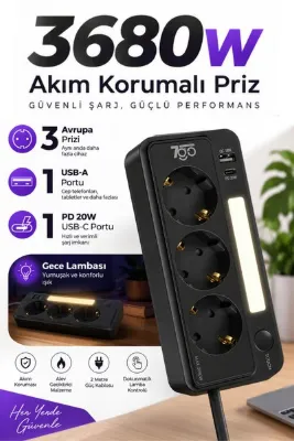 7GO 7GSP1 3680W 3'lü Priz Siyah | Akım Korumalı | 20W PD Hızlı Şarj USB | 1.9m Kablolu Akıllı LED Ge