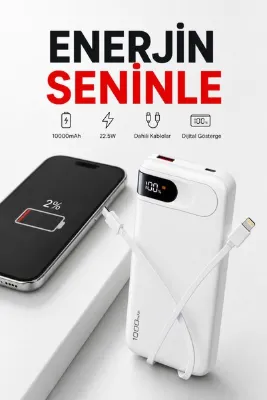 MO DOU 10.000 mAh Powerbank Dahili Lightning & Type-C Kablolu Dijital Göstergeli 22.5W Hızlı Şarj Taşınabilir Harici Batarya iPhone Android Uyumlu