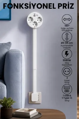 Enshall 3580W Protech Duvar Prizi Uzatmalı 3X Priz 1XType-C 1XUSB Girişli Fonksiyonel Priz