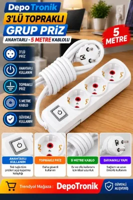 Tunç Üçlü Topraklı Anahtarlı Grup Priz 5mt