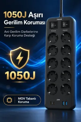 The Wlue 10'lu Anahtarlı Çoklu Priz | 1050J Akım Koruma | 3680W | 16A | 2xUSB-C PD 20W | 2xUSB-A | 2 Metre