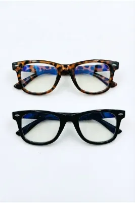 PROTCO 2 Adet Unisex Mavi Işık Korumalı Uv 400 Leopar Desenli & Siyah Wayfarer 2'li Avantajlı Set