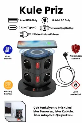 Yussraw Yeni Akım Korumalı 2.4a Kule Priz Kablosuz Şarj Istasyonu 8x Soketli 2x Type-C 1x USB 2MKablolu Priz
