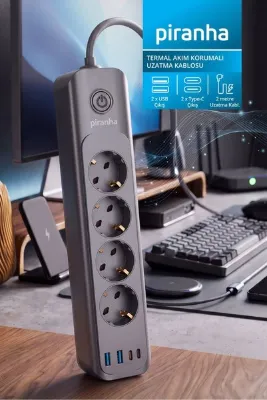Piranha 45715 Akım Korumalı 4'lü Priz | 2 x USB & 2 x Type-C Çıkış | Çocuk Koruması | 2m Uzatma Kablosu