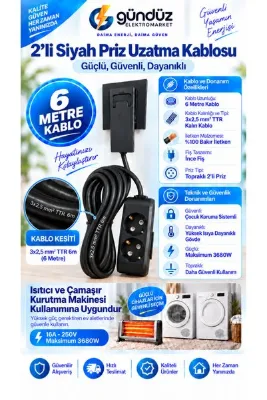 Gündüz Elektromarket 2’li (6) Metre Uzatma Prizi 3x2,5 mm² Kalın Kablolu Ultra İnce Fişli