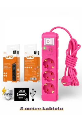 UFO Akım korumalı grup priz 5 mt kablolu anahtarlı fuşya 3 lü ve USB+type-c şarj aleti 3000 watt