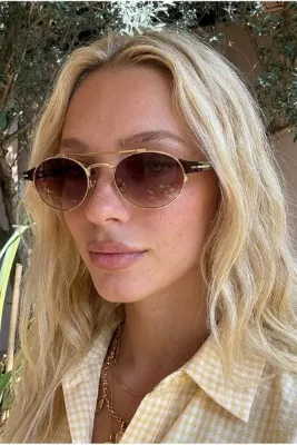 Eyesofia Berina Unisex Elips Gold Çerçeveli Ultra Hafif Uv400 Filtreli Kahverengi Güneş Gözlüğü