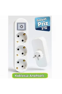 BarkoFix BEYAZ 3'lü Grup Priz Golyat Anahtarlı Düğmeli Fiş Priz Topraklı Çoklu Çoğaltıcı Kablosuz Üçlü Piriz