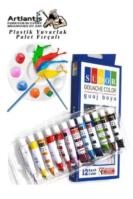 Artlantis Guaj Boya 12 Renk 9 Ml Tüp 1 Paket 12 Li Guaj Boya Seti ve Yuvarlak Resim Paleti Fırçalı 1 Paket 10