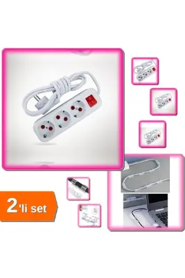 HerEveOyuncak 2 Metre Kablolu Anahtarlı 3lü Topraklı Grup Priz + 20 Adet Kablo Sabitleyici Klips - 2li Set BMFS66