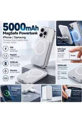 5000mAh MagSafe Manyetik Kablosuz Powerbank 15W Hızlı Şarj Ultra İnce USB-C – iPhone & Samsung Uyumlu