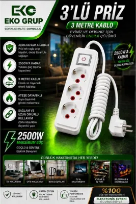 IRONSTAR Anahtarlı 3'lü priz / Anahtarlı 3'lü uzatma kablosu / 3 metre anahtarlı grup priz / Anahtarlı çoklu priz / Ev tipi anahtarlı priz / 3 girişli anahtarlı priz / Anahtarlı topraklı grup priz 3 metre