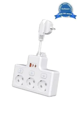 Akım Korumalı 2’li Ayrı Anahtarlı Priz, 2x Priz, 3x Usb, 1x Type-c, 2 Mt Kablo, Hızlı Şarj