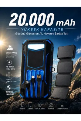 kawigo 20.000 mAh Solar Powerbank 22.5W Hızlı Şarj 4 Katlanır Güneş Panelli Dahili Kablolu Taşınabilir Şarj Cihazı Powerbank