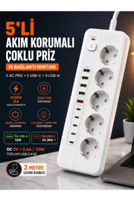 MEGAMUS 5’li Akım Korumalı Çoklu Priz – 5 USB-C + 5 USB-A | 3500W 16A | 2 Metre Kablolu