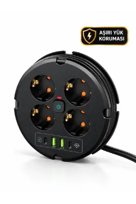 DEANB 4'lü Akım Korumalı Çoklu Priz 2200W 1050J 2 USB 2 Type-C 10A 2m Sarılabilir Kablolu