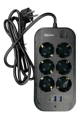 Techmaster 2 Usb + Type-C Akım ve Çocuk Korumalı 6lı Priz 2mt