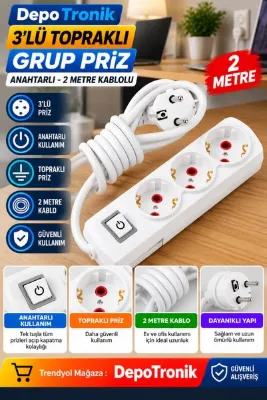 DepoTronik 3’lü Topraklı Anahtarlı Grup Priz 2 Metre Ev Ofis Tipi