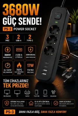Kılıforyum PS-3 3'lü Akım Korumalı Priz 3680W 2 USB + 2 Type-C Çıkışlı Topraklamalı Çoklu Priz