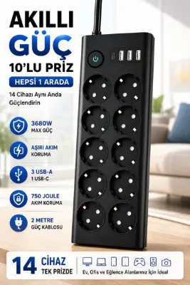 MATECHNO 10'lu 2MT Uzatma Kablolu Çoklu Priz Akım Korumalı Grup Uzatma Priz 3X USB 1X Type-C Çıkışlı Priz