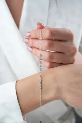 Nereze 925 Ayar Gümüş Rodyum Kaplama Minik Sıralı Aquamarin Taşlı Bileklik