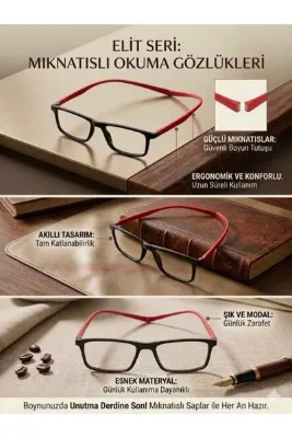 Trend Milano Unisex Mıknatıslı Yakın Okuma Gözlüğü-Esnek Saplı-Siyah/Kahverengi ve Siyah Kırmızı Saplı Seçenekli