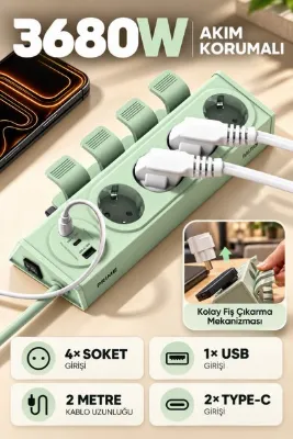 Enshall 4’lü Fulltech FTR-36 Akım Korumalı Priz, 2x USB-C + 1x USB-A, 15W Hızlı Şarj, 350J Darbe Koruması, 3680W / 16A, 2 Metre Kablolu Çoklu Priz