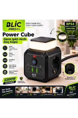 ekovolt Gece Işıklı Akıllı Çoklu Priz Küpü - 3x AC / 2x USB / 2x Type-C Hızlı Şarj 2200W