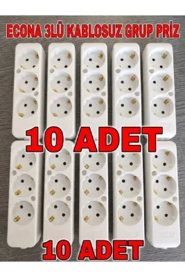 ECONA 10 ADET---Multilet BEYAZ Üçlü Grup Priz Topraklı Klemensli (3lü Kablosuz Grup Priz) Çoklu priz kablosuz uzatma prizi