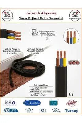 Trendhomm 3x1.5 TTR Yassı Elektrik Kablosu - %100 Bakır - 2 Metre