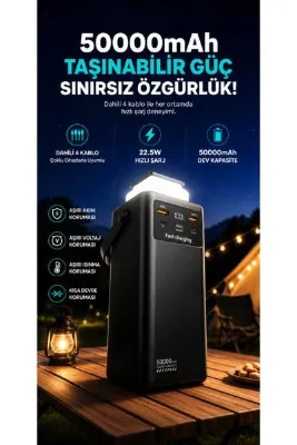 MATECHNO 50.000 mAh Taşınabilir Powerbank 22.5W Süper Hızlı Şarj Dahili Kablolu LED Kamp Lambalı Dijital Ekranlı Taşınabilir Şarj Cihazı