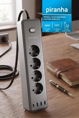Piranha 45695 Akım Korumalı 4'lü Priz | 3 x USB Çıkış | 1 x Type-C Çıkış | Çocuk Koruması | 2m Kablo