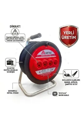 EMİRHANNALBUR 50 METRE Makaralı Uzatma Kablosu Seyyar Kablo 3x1.5 mm Full Bakır 4 Soketli Grup Priz