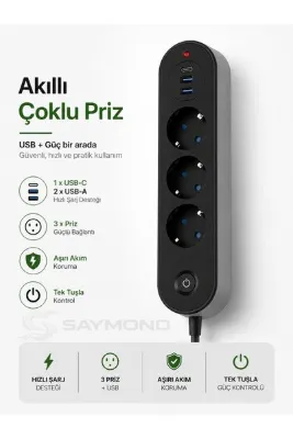 SAYMOND Termal Akım Korumalı 3lü Priz 2usb 1usbc 2mt Kablo Aç Kapa Anahtar 2500 Watt